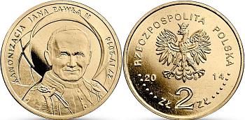 Польша 2 злотых 2014 MW, канонизация папы Иоанна Павла II, 27 февраля 2014 года KM 919 нордик  UNC  M60-09