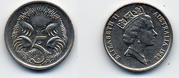 АВСТРАЛИЯ 5 ЦЕНТОВ 1988 ЕЛИЗАВЕТА II, ВТОРОЙ ПОРТРЕТ В КОРОНЕ, ЕХИДНА KM 80 медно-никель 62-2711