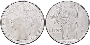 ИТАЛИЯ 100 ЛИР 1988 R, АФИНА, ДИАМЕТР 28 ММ. KM 96.1 нержавеющая сталь 4531-121