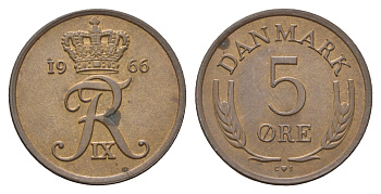 Дания 5 эре 1966 C; S, Фредерик IX (1947-1972) KM 848.1 бронза 4681-347