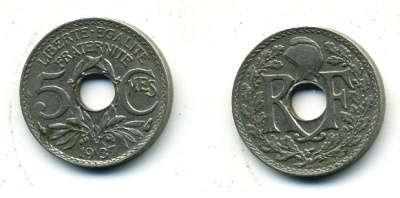 ФРАНЦИЯ 5 САНТИМОВ 1937 ТИП ЛИНДАЙЁ KM 875 медно-никель 84-311