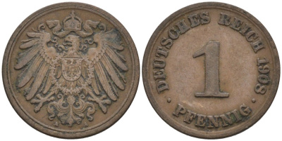 Германия 1 пфенниг 1908 A KM 10, J. 10 медь 4567-1254