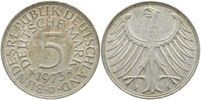 ФРГ 5 МАРОК 1973 D, KM 112.1, J. 387 серебро 58-912