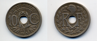 ФРАНЦИЯ 10 САНТИМОВ 1932 ТИП ЛИНДАЙЁ KM 866a медно-никель 4383-1034