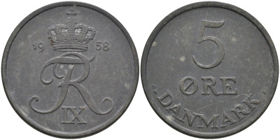 Дания 5 эре 1958 Фредерик IX (1947-1972) KM 843 цинк 88-1245