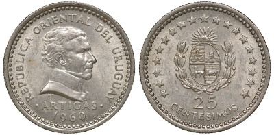 Уругвай 25 сентесимо 1960 KM 40 медно-никель 4169-819