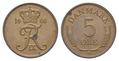 Дания 5 эре 1966 C; S, Фредерик IX (1947-1972) KM 848.1 бронза 4681-347