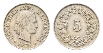 Швейцария 5 раппенов 1925 B KM 26 медно-никель 4705-1221