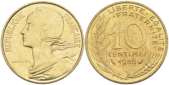 Франция 10 сантимов 1986 тип Марианна KM 929 медь алюминий никель 4594-1219