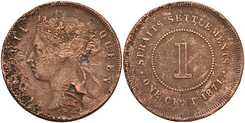 Стрейтс-Сетлментс 1 цент 1874 Виктория (1837-1901), Ост-Индская компания KM 9 медь 4590-332