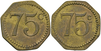 ФРАНЦИЯ 75 САНТИМОВ ND ПЛАТЕЖНЫЙ ЖЕТОН НАЧАЛА XX ВЕКА, ВОСЬМИУГОЛЬНАЯ, РАЗМЕР 22 ММ. латунь 65-333