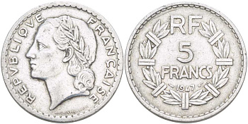 ФРАНЦИЯ 5 ФРАНКОВ 1947 ТИП LAVRILLIER, OPEN 9 KM 888b.1, LE FRANC 339.9 алюминий 215-532