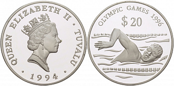Тувалу 20 долларов 1994 Олимпийские игры 1996 года, плавание KM 24 серебро PROOF 11-101-41