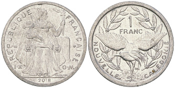 Французская Новая Каледония 1 франк 2018 птица кагу, (IEOM) KM 10, Schoen 10 алюминий 54-1647