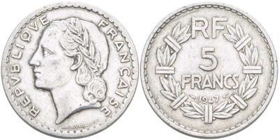 ФРАНЦИЯ 5 ФРАНКОВ 1947 ТИП LAVRILLIER, OPEN 9 KM 888b.1, LE FRANC 339.9 алюминий 215-532