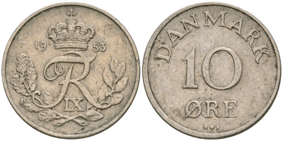 Дания 10 эре 1953 N; S, Фредерик IX (1947-1972) KM 841.1 медно-никель 08-1431