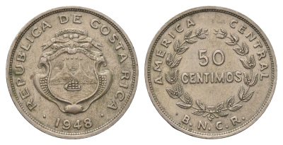 Коста-Рика 50 сентимо 1948 диаметр 26 мм, год-тип KM 182 медно-никель 4693-127
