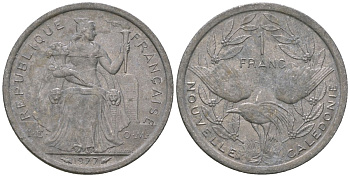 Французская Новая Каледония 1 франк 1977 птица кагу, (IEOM) KM 10, Schoen 10, Lec 40 алюминий    51-1012