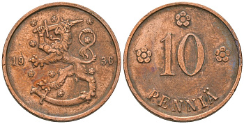 Финляндия 10 пенни 1936 KM 24 медь 4589-347