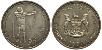 Намибия 1 доллар 1990 абориген, PROBA, ESSAI, тираж 1000 экземпляров KM E3 медно-никель UNC 5010-644