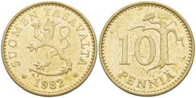 ФИНЛЯНДИЯ 10 ПЕННИ 1982 K KM 46 алюминиевая бронза 3718-141