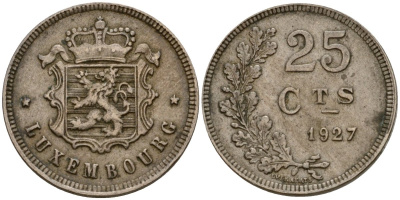 Люксембург 25 сантимов 1927 Шарлотта (1918-1964) KM 37 медно-никель 4577-941
