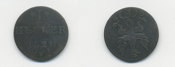 Франкфурт 1 геллер 1821 GB AKS 30, Jaeger 10, KM 301 медь 46-413