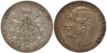 Брауншвейг-Каленберг-Ганновер 1 талер 1866 В, Георг V (1851-1866) КМ 230, AKS 144, Dav. 682, Kahnt 239, Thun 174 серебро 00-1067-9-54