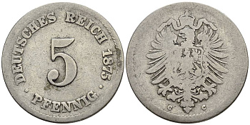 Германия 5 пфеннигов 1875 C, старогербовка KM 3, Jager 3, Weege 5 медно-никель 4546-1032