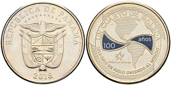 Панама 1/4 бальбоа 2016 100 лет строительству Панамского канала. Век объединяя мир, 1914-2014 KM 159 медно-никель UNC 4364-1442