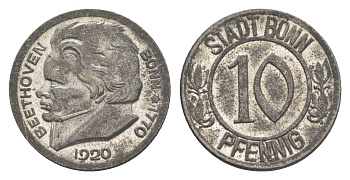 Бонн 10 пфеннигов 1920 Бетховен Funck 51.1A, Men05 3220.1, Men18 4134.1 железо 4636-912
