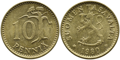 ФИНЛЯНДИЯ 10 ПЕННИ 1980 K KM 46 алюминиевая бронза 46-234