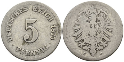Германия 5 пфеннигов 1875 C, старогербовка KM 3, Jager 3, Weege 5 медно-никель 4546-1032