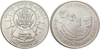 США 1 доллар 1991 P, 50 лет мемориалу президентов, гора Рашмор KM 229 серебро UNC 11-313-32