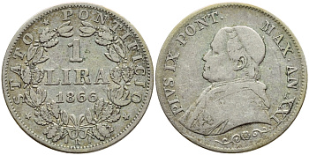 Ватикан 1 лира 1866 R, год XXI, папа Пий IX (1846-1878) , малая голова, орнамент под бюстом KM 1377.2 серебро 4390-212