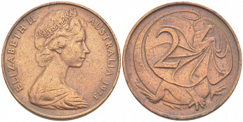 АВСТРАЛИЯ 2 ЦЕНТА 1973 ЕЛИЗАВЕТА II, МОЛОДОЙ ПОРТРЕТ, ПЛАЩЕНОСНАЯ ЯЩЕРИЦА (FRILLED LIZARD) KM 63 бронза 77-732