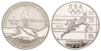 США 1 доллар 1995 P, XXVI летние Олимпийские Игры, Атланта 1996 - Бег KM 264 серебро PROOF 11-263-41