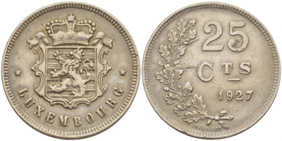 ЛЮКСЕМБУРГ 25 САНТИМОВ 1927 ГОД ТИП KM 37 медно-никель 4548-745