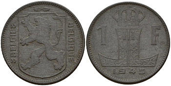 Бельгия 1 франк 1945 Belgie - Belgique, Леопольд III (1934-1947), германская оккупация, Вторая мировая война KM 128 цинк 4161-612