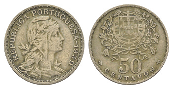 Португалия 50 сентаво 1959 голова Свободы вправо KM 577 никель латунь 4388-225