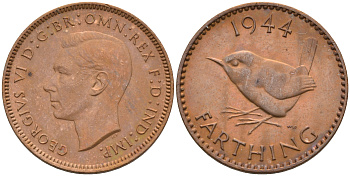 Великобритания 1 фартинг 1944 Георг VI (1936-1952) KM 843, Spink 4116 бронза UNC 4594-127