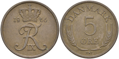 Дания 5 эре 1966 C; S, Фредерик IX (1947-1972) KM 848.1 бронза 106-114