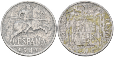 ИСПАНИЯ 10 СЕНТИМО 1941 РЫЦАРЬ НА КОНЕ KM 766 алюминий 4589-855