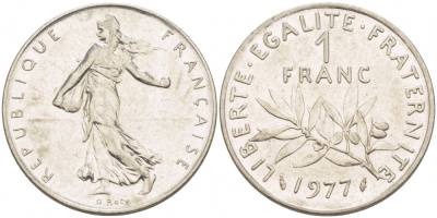 ФРАНЦИЯ 1 ФРАНК 1977 СЕЯТЕЛЬ KM 925.1, LE FRANC 226.22 никель 77-922