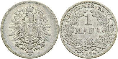 Германия 1 марка 1875 C Weege 17, J. 9, KM 7 серебро 98-1252