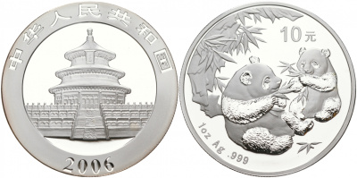 Китай 10 юаней 2006 две панды KM 1664 серебро UNC 02-035-45