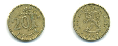 ФИНЛЯНДИЯ 20 ПЕННИ 1963 S KM 47 алюминиевая бронза 80-435