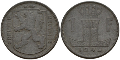 Бельгия 1 франк 1945 Belgie - Belgique, Леопольд III (1934-1947), германская оккупация, Вторая мировая война KM 128 цинк 4161-612