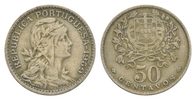 Португалия 50 сентаво 1959 голова Свободы вправо KM 577 никель латунь 4388-225