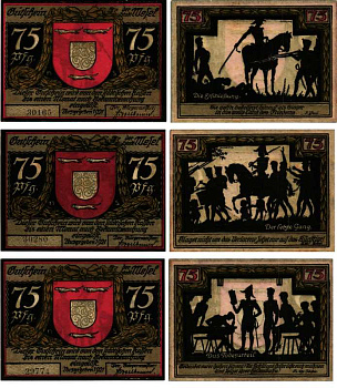 ВЕЗЕЛЬ, ГЕРМАНИЯ НАБОР ИЗ 3 БАНКНОТ 1921 НОТГЕЛЬД, ЗЕМЛЯ СЕВЕРНЫЙ РЕЙН-ВЕСТФАЛИЯ, 3 Х 75 ПФЕННИГОВ ARNOLD KELLER 1409.2 бумага 7487-56-2